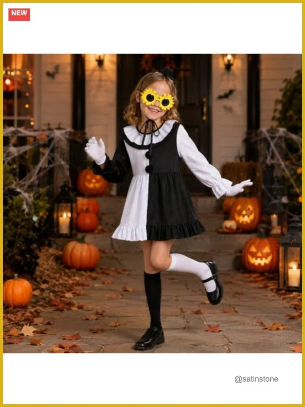 Girls Art Clown Costume Black White Halloween Dress 6-Piece Set